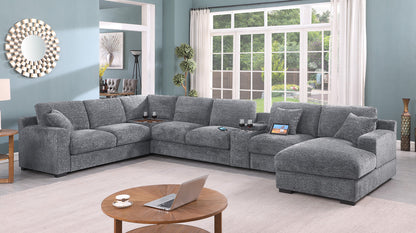 Light Gray Chenille Sectional Sofa - 6 Seat with Charging Ports