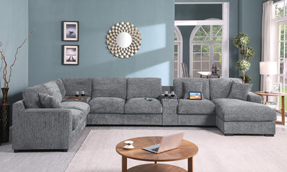 Light Gray Chenille Sectional Sofa - 6 Seat with Charging Ports