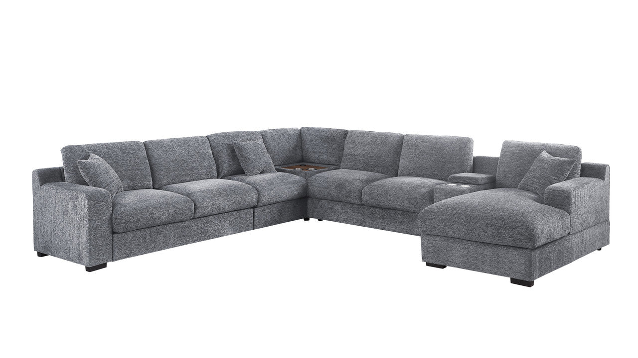Light Gray Chenille Sectional Sofa - 6 Seat with Charging Ports