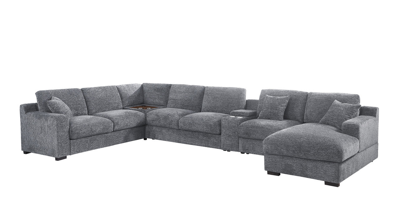 Light Gray Chenille Sectional Sofa - 6 Seat with Charging Ports
