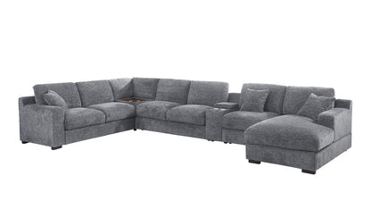 Light Gray Chenille Sectional Sofa - 6 Seat with Charging Ports