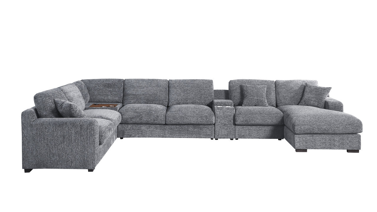 Light Gray Chenille Sectional Sofa - 6 Seat with Charging Ports