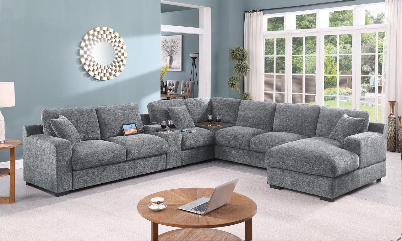 Chiara 141.5"W Light Gray Chenille Fabric Corner Sectional Sofa with Right-Facing Chaise, Cupholders, and Charging Ports