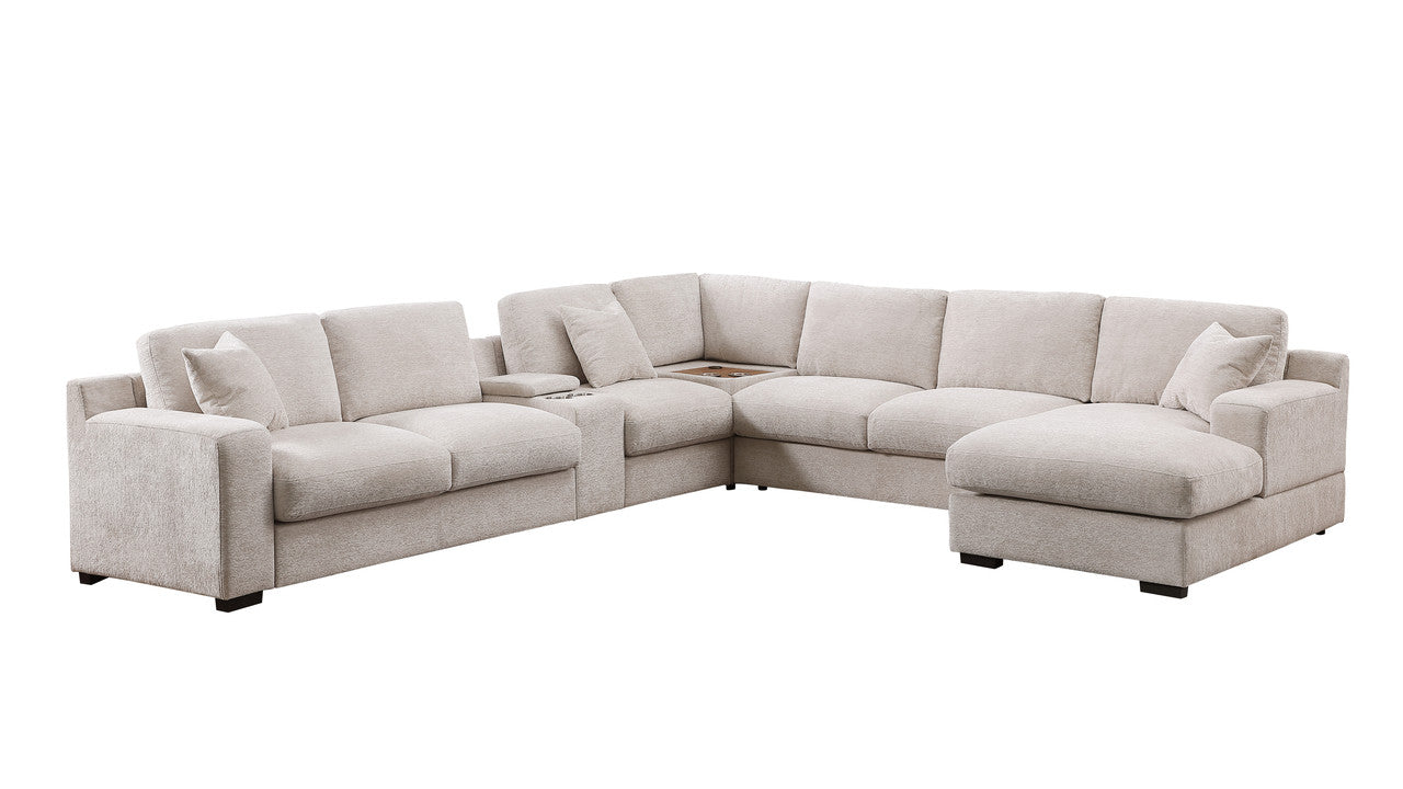 141" Beige Chenille Sectional Sofa - 6 Seats
