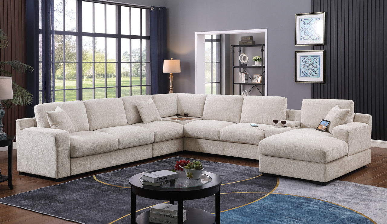 141" Beige Chenille Sectional Sofa - 6 Seats