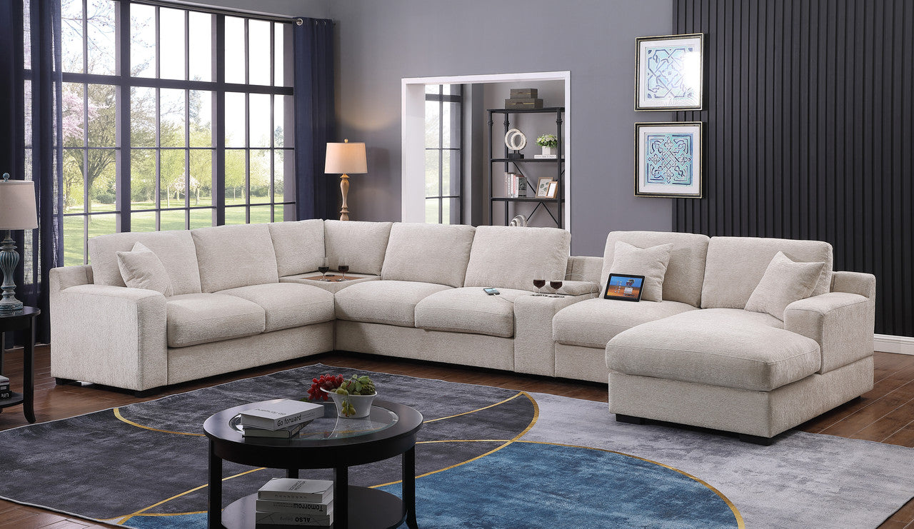 141" Beige Chenille Sectional Sofa - 6 Seats
