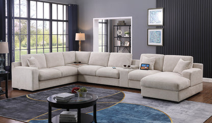 141" Beige Chenille Sectional Sofa - 6 Seats