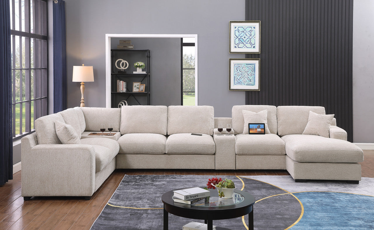 141" Beige Chenille Sectional Sofa - 6 Seats