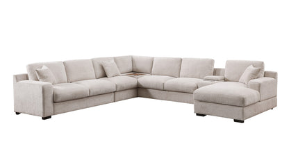 141" Beige Chenille Sectional Sofa - 6 Seats