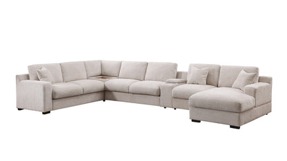 141" Beige Chenille Sectional Sofa - 6 Seats