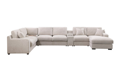 141" Beige Chenille Sectional Sofa - 6 Seats