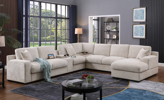 Chiara 141.5"W Beige Chenille Fabric Corner Sectional Sofa with Right-Facing Chaise, Cupholders, and Charging Ports