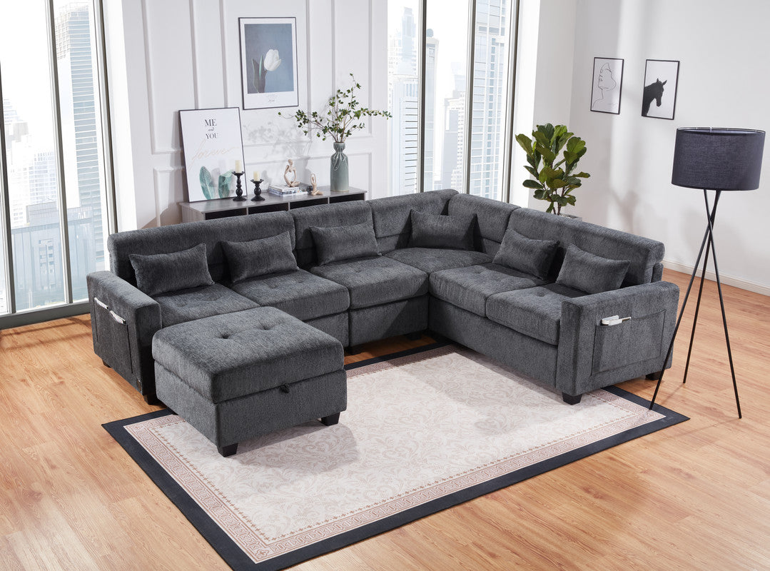 Gray Chenille Sectional Sofa - 7 Seat Storage