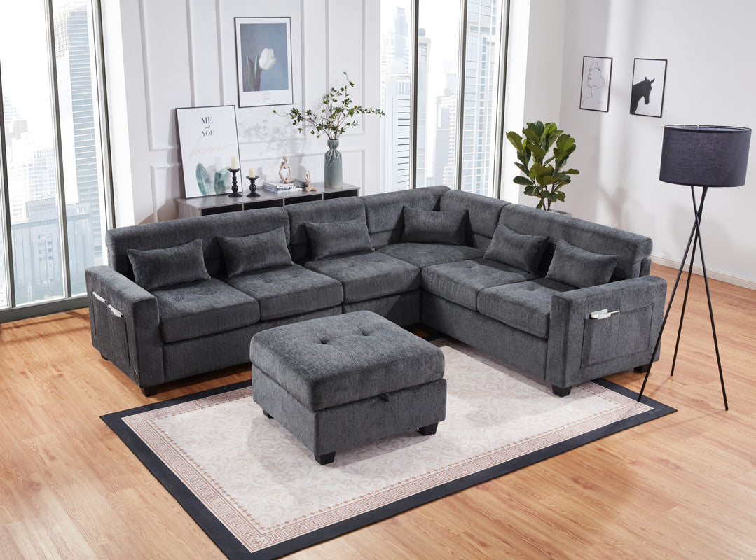 Gray Chenille Sectional Sofa - 7 Seat Storage