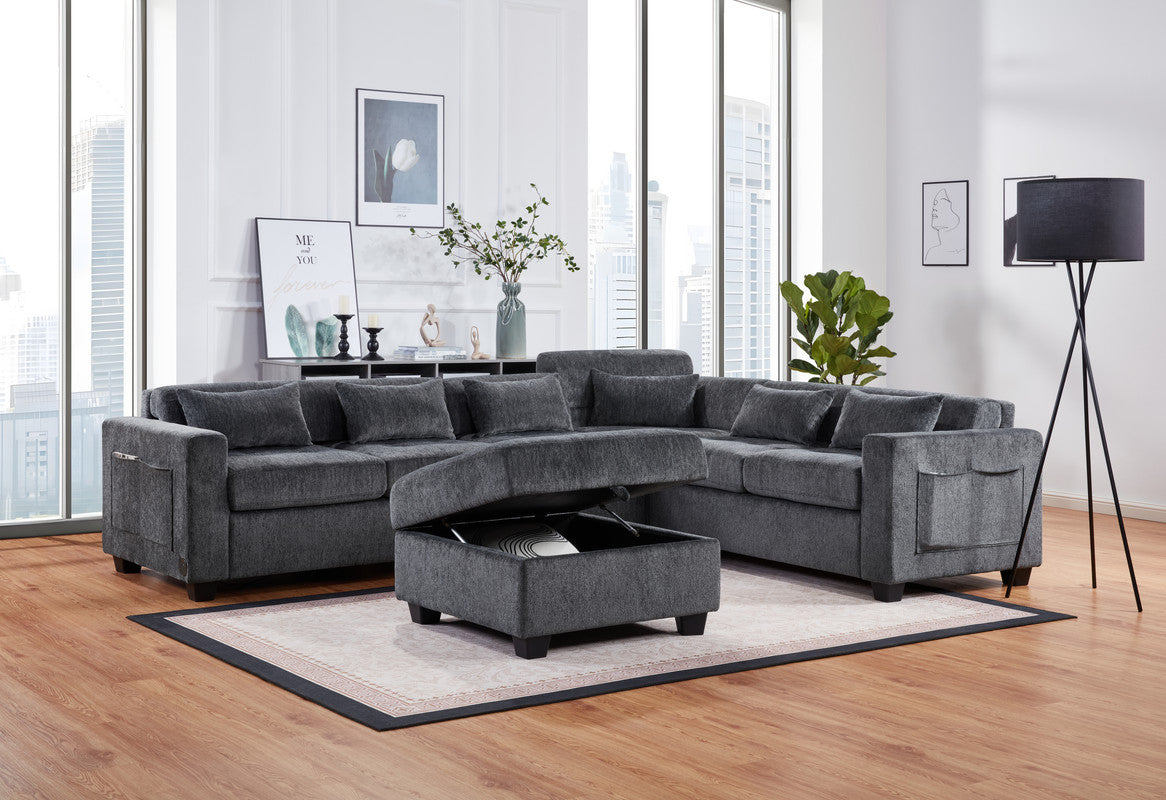 Trevi 115"W Gray Chenille Sectional Sofa with Adjustable Backrest, Charging Ports, Pockets, Tufting, Storage Ottoman, Throw Pillows