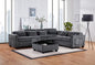 Trevi 115"W Gray Chenille Sectional Sofa with Adjustable Backrest, Charging Ports, Pockets, Tufting, Storage Ottoman, Throw Pillows