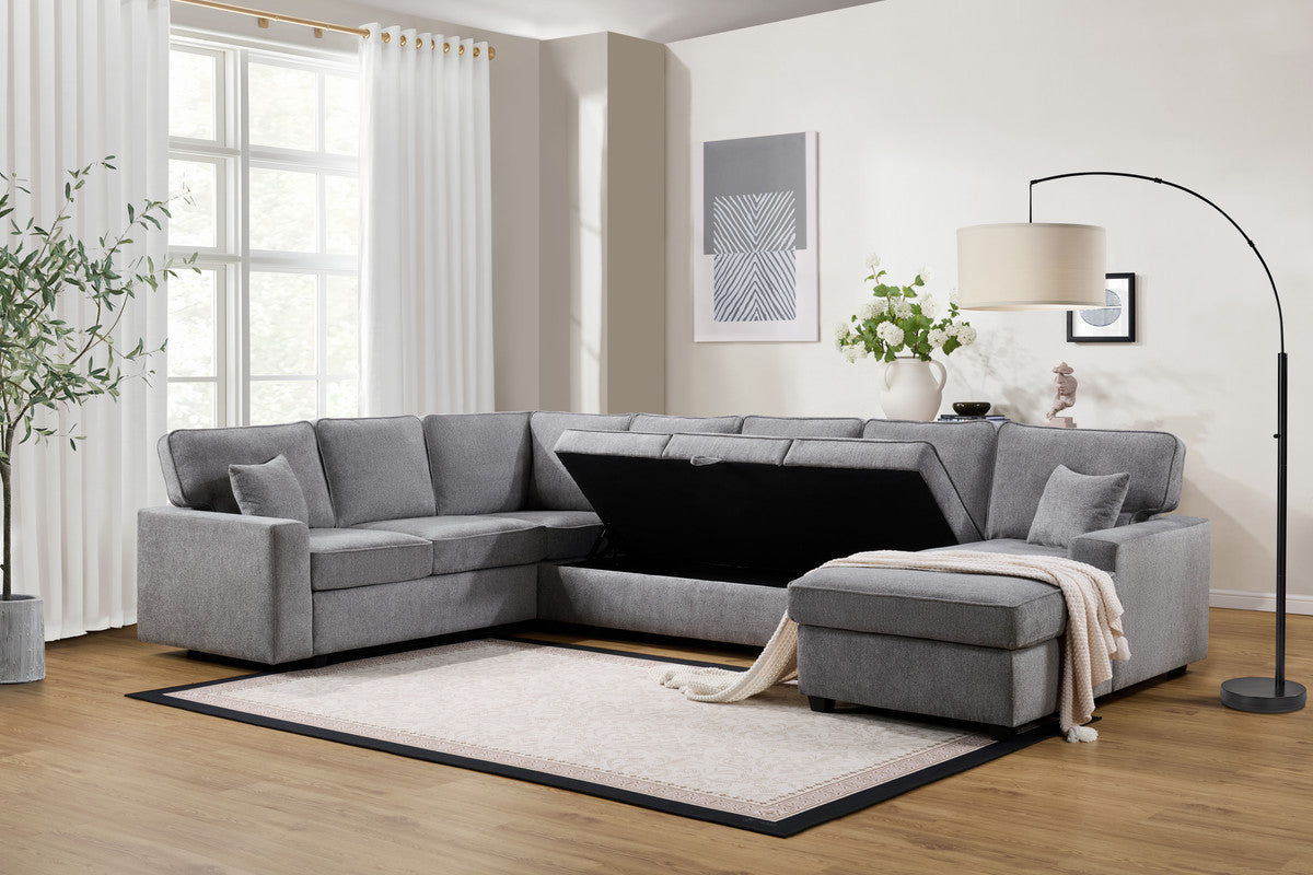 7 Seat Gray Chenille Sectional Sofa - 137" Wide