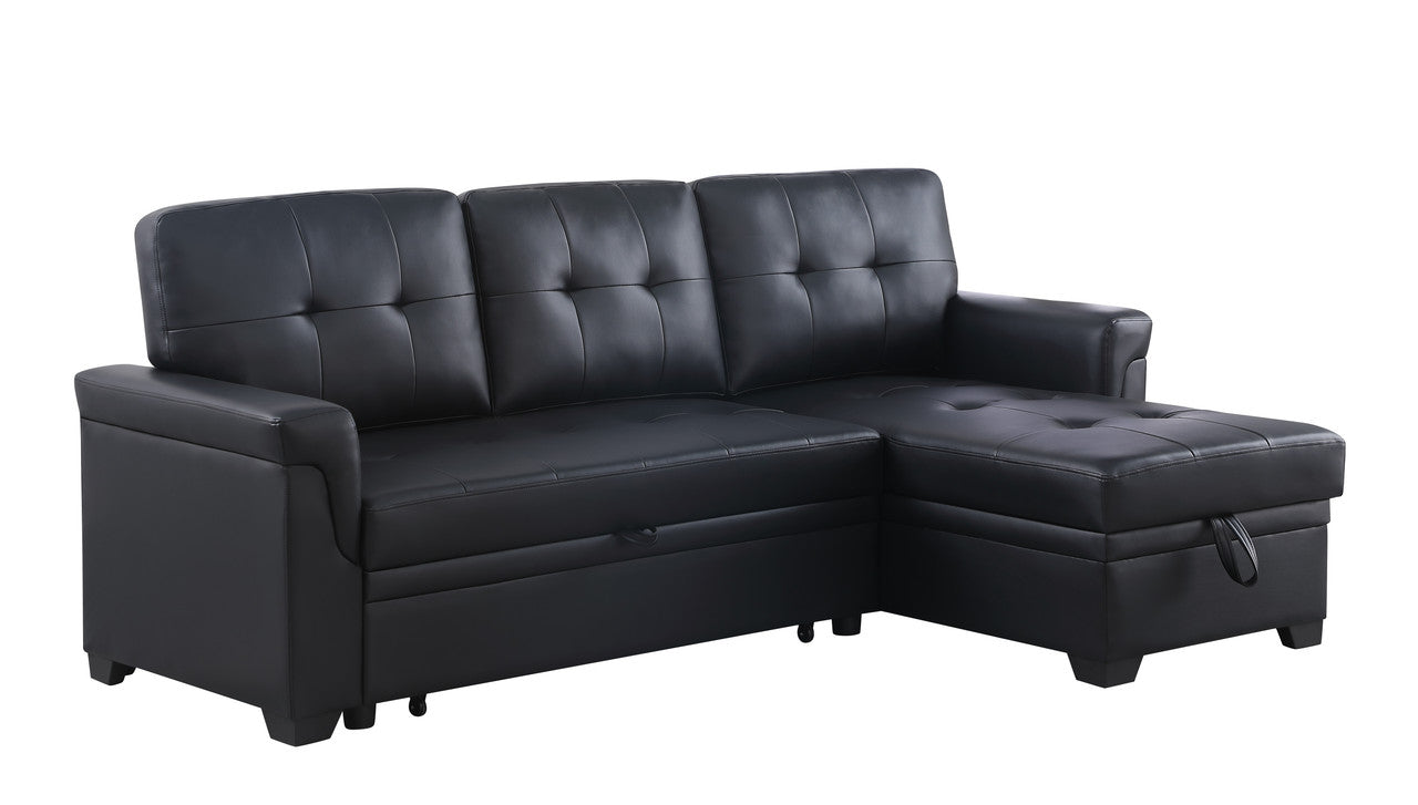 Living Room 84" Black Vegan Leather Reversible Sleeper Sectional Sofa with Storage