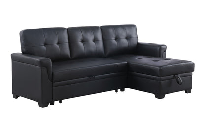 Living Room 84" Black Vegan Leather Reversible Sleeper Sectional Sofa with Storage
