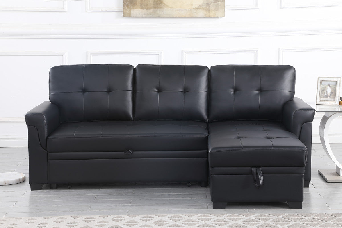 Living Room 84" Black Vegan Leather Reversible Sleeper Sectional Sofa with Storage