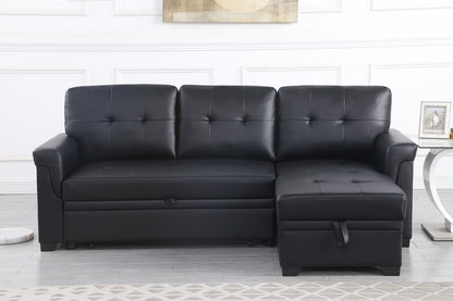 Living Room 84" Black Vegan Leather Reversible Sleeper Sectional Sofa with Storage