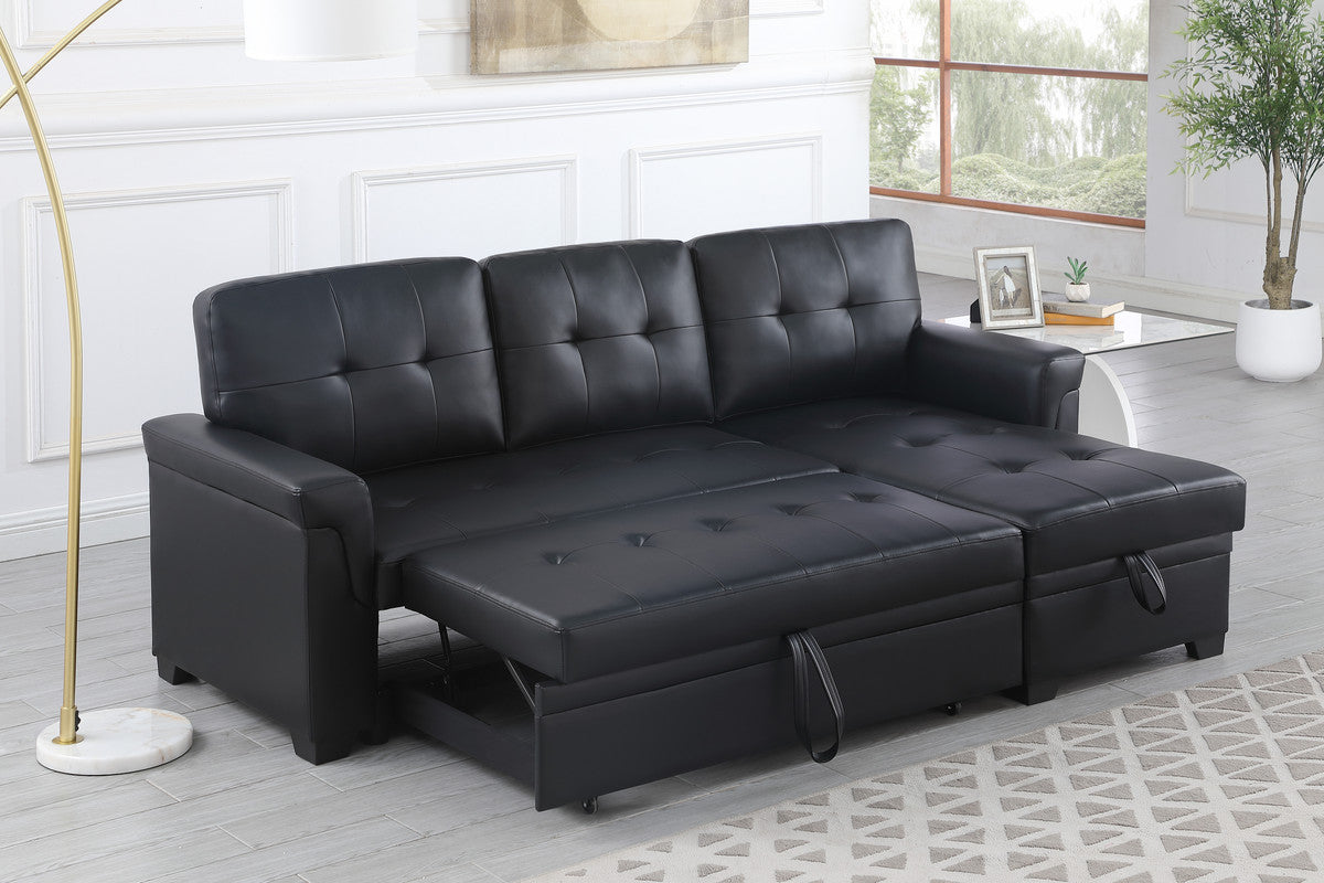 Living Room 84" Black Vegan Leather Reversible Sleeper Sectional Sofa with Storage