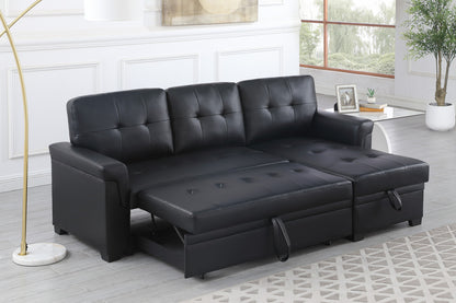 Living Room 84" Black Vegan Leather Reversible Sleeper Sectional Sofa with Storage