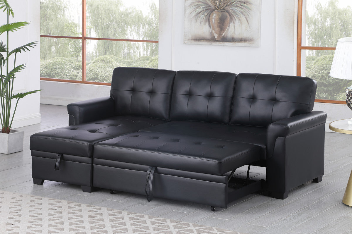 Living Room 84" Black Vegan Leather Reversible Sleeper Sectional Sofa with Storage