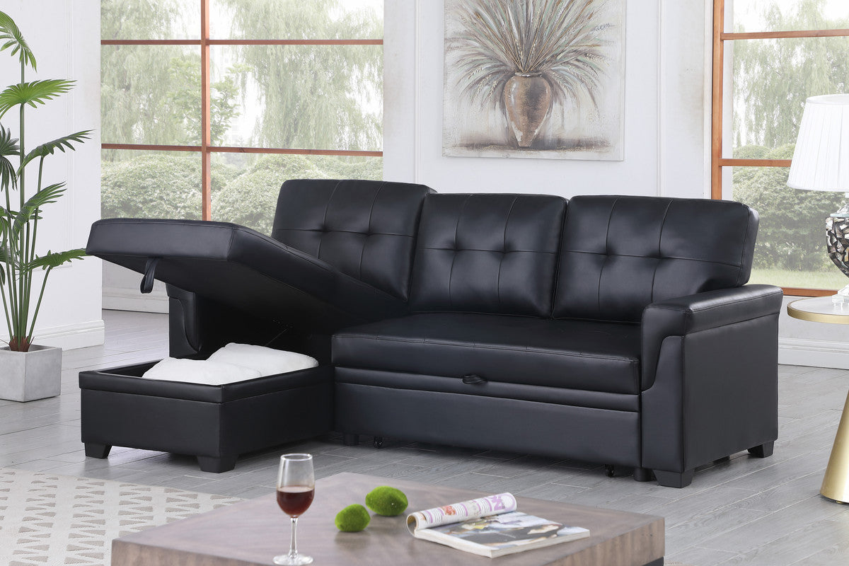 Living Room 84" Black Vegan Leather Reversible Sleeper Sectional Sofa with Storage
