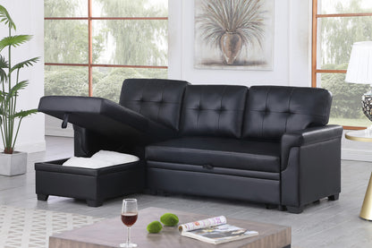 Living Room 84" Black Vegan Leather Reversible Sleeper Sectional Sofa with Storage
