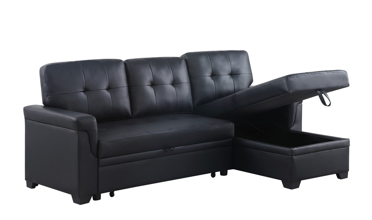 Living Room 84" Black Vegan Leather Reversible Sleeper Sectional Sofa with Storage