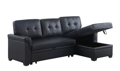 Living Room 84" Black Vegan Leather Reversible Sleeper Sectional Sofa with Storage