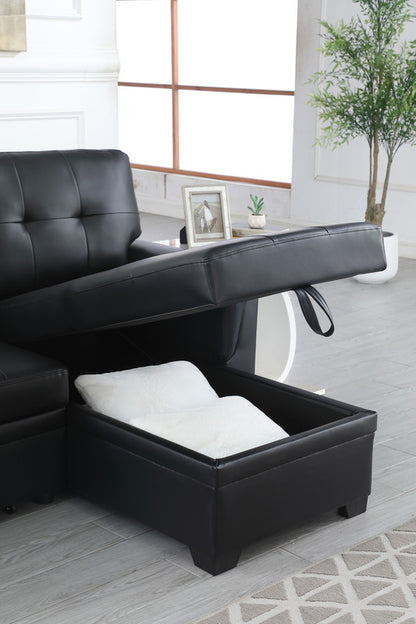 Living Room 84" Black Vegan Leather Reversible Sleeper Sectional Sofa with Storage
