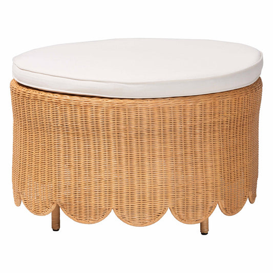 Bohemian Light Honey Scalloped Rattan Ottoman