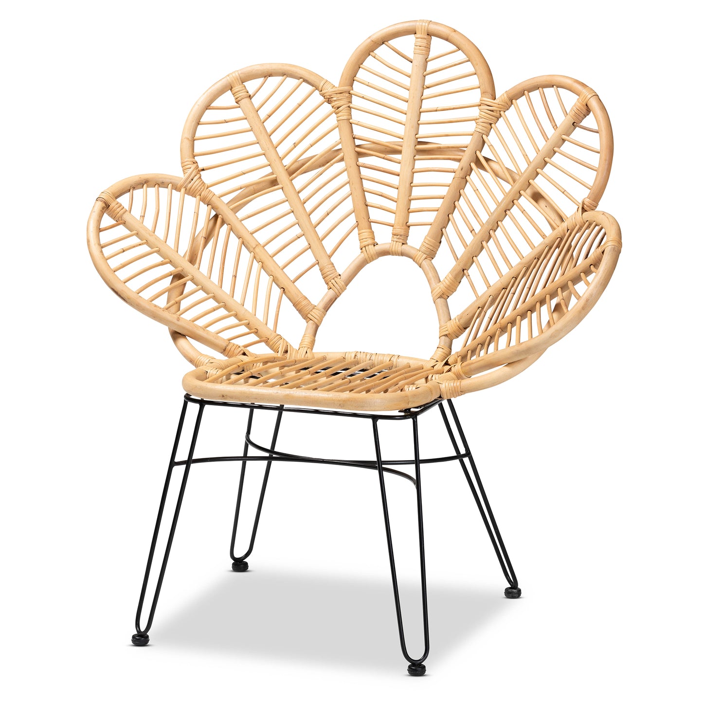 Modern Bohemian Natural Brown Rattan and Black Metal Accent Chair