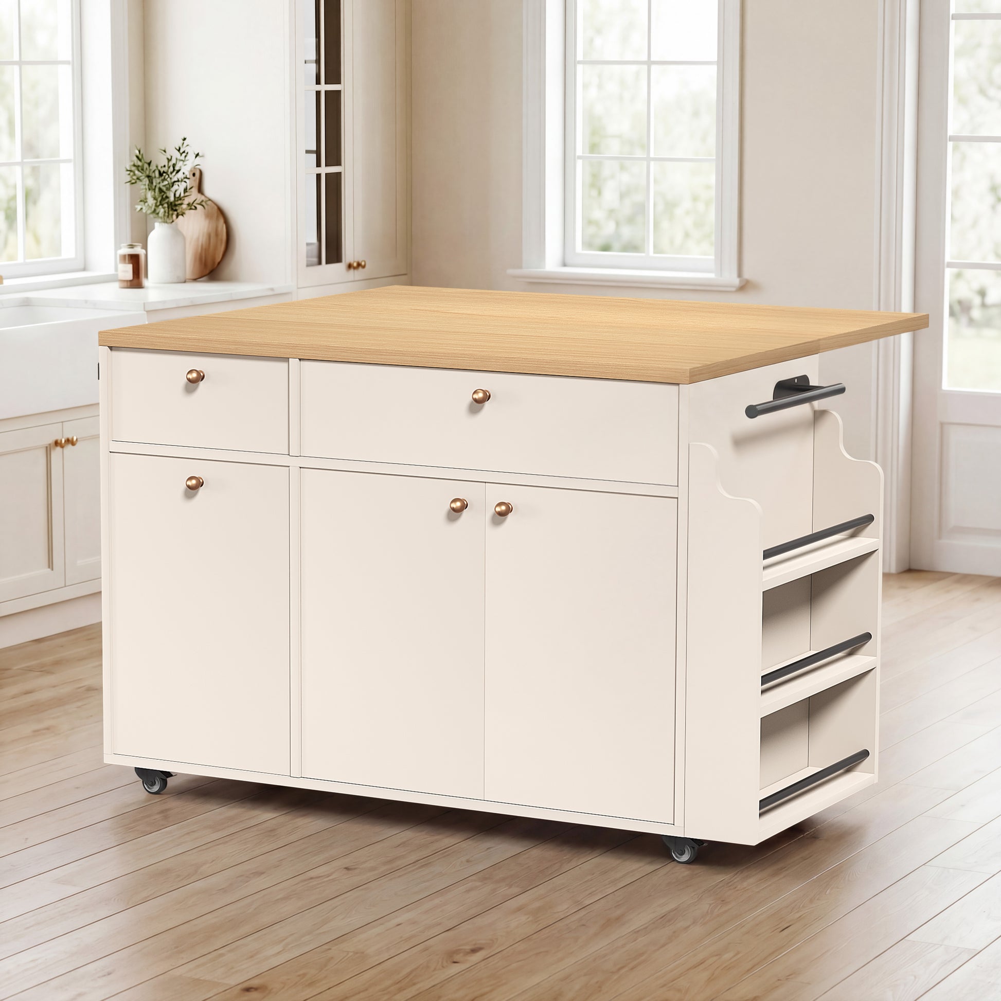 Kitchen Island with Storage Rolling Kitchen Island Cart with Drop Leaf Extension, Natural wood Top, Drawers, Spice Rack, Towel Bar, Mobile Kitchen Cart for Kitchen & Dining Room, White