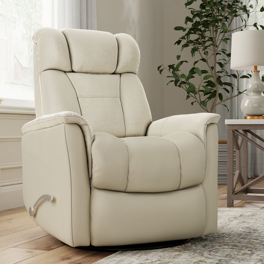 Global Home Swivel Glider Recliner with Manual Adjustable Headrest & Footrest In Faux Leather Bentley Oyster