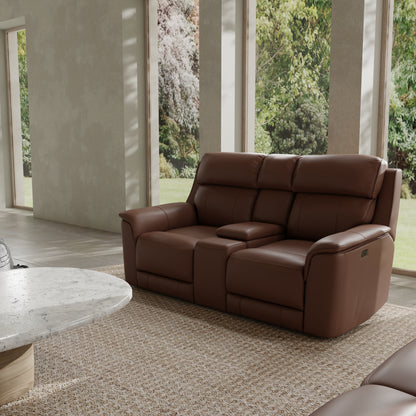 Pecan Leather Reclining Loveseat with Storage