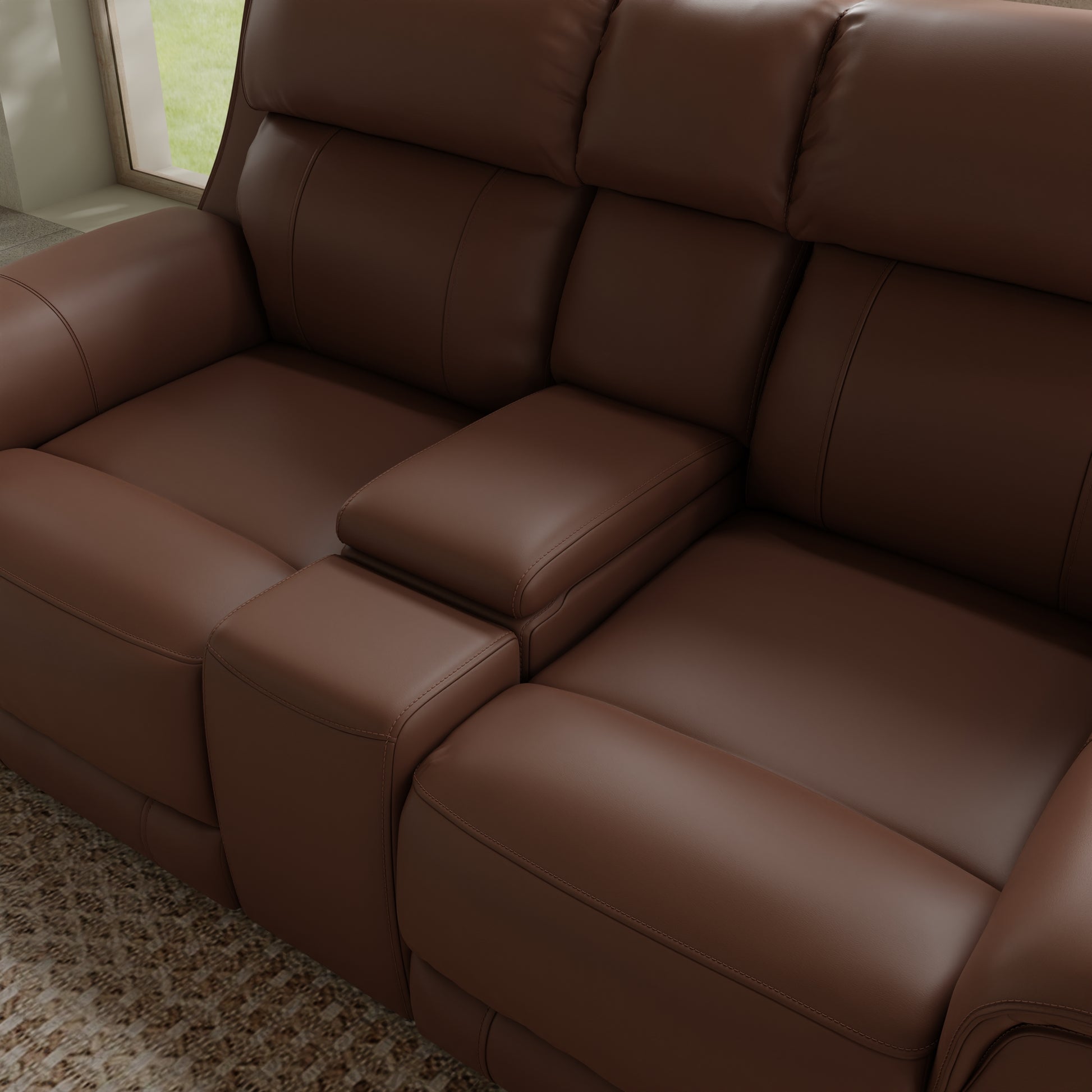Pecan Leather Reclining Loveseat with Storage