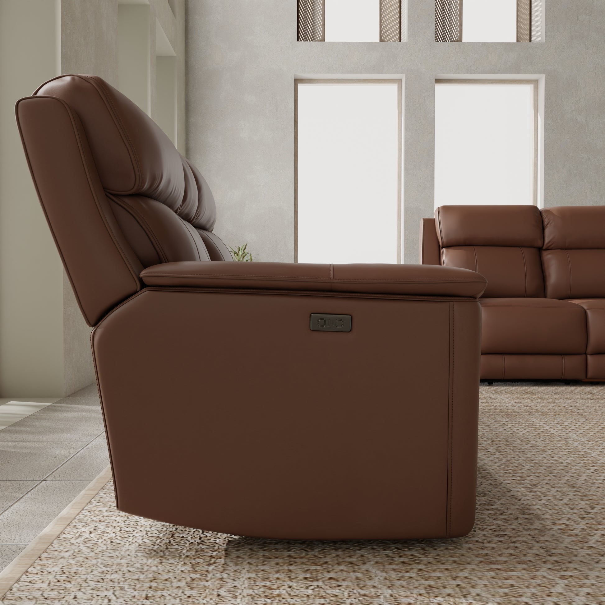 Pecan Leather Reclining Loveseat with Storage