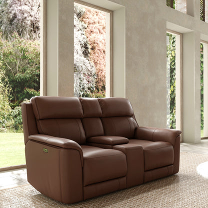 Pecan Leather Reclining Loveseat with Storage