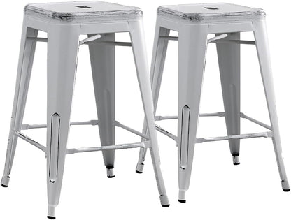 Backless Modern Light Weight Industrial Contemporary Rustic Vintage Costal Metal Bar Stools Without Back and 4 Leg Design (Set of 2) (24" Seat, Distressed White)