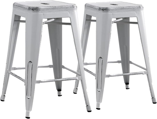 Backless Modern Light Weight Industrial Contemporary Rustic Vintage Costal Metal Bar Stools Without Back and 4 Leg Design (Set of 2) (24" Seat, Distressed White)