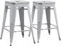 Backless Modern Light Weight Industrial Contemporary Rustic Vintage Costal Metal Bar Stools Without Back and 4 Leg Design (Set of 2) (24" Seat, Distressed White)