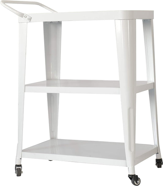 3-Tiered Metal Frame, Industrial Dining Cart with Swivel Wheels, White