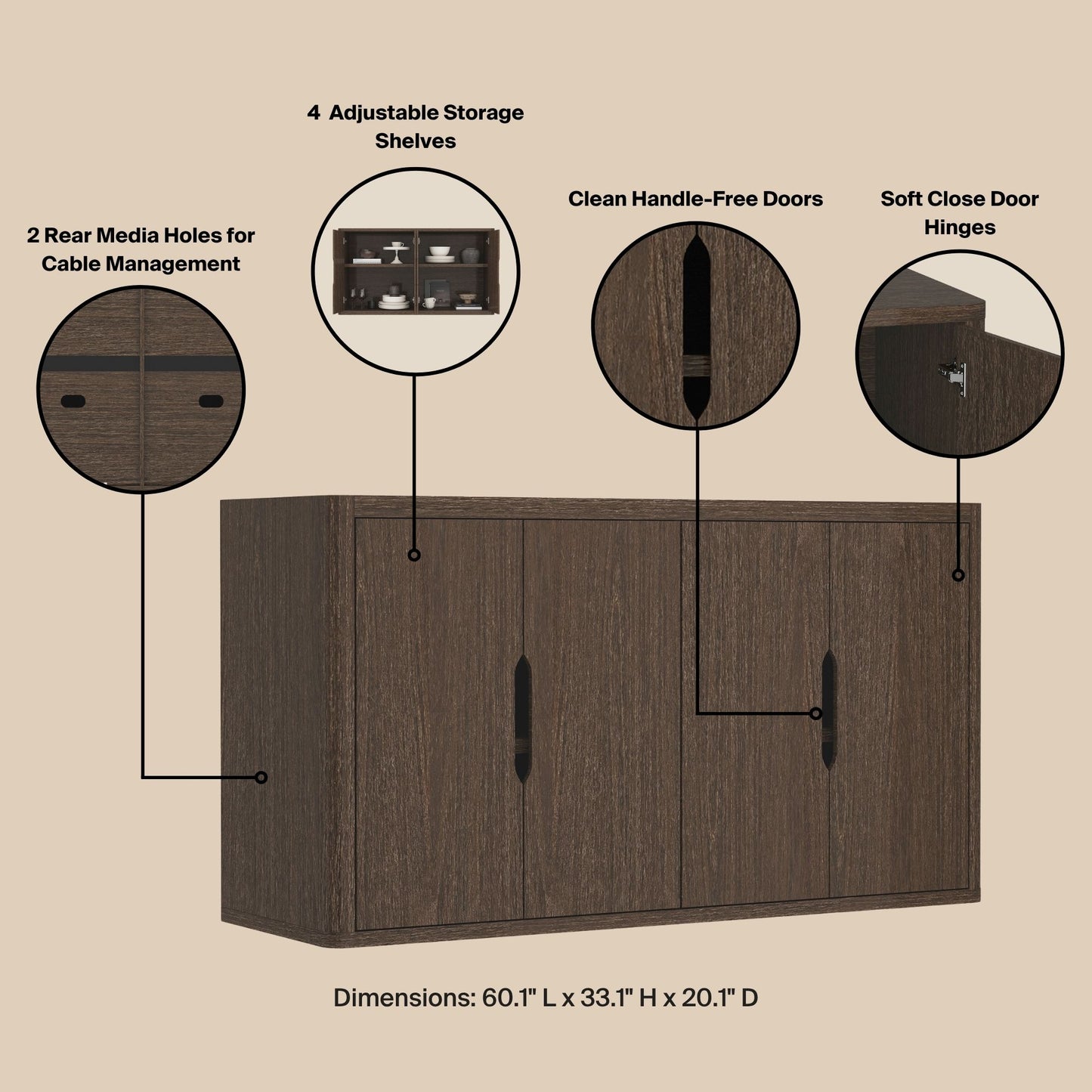 Walnut Sideboard Buffet - 60.1" Storage Server