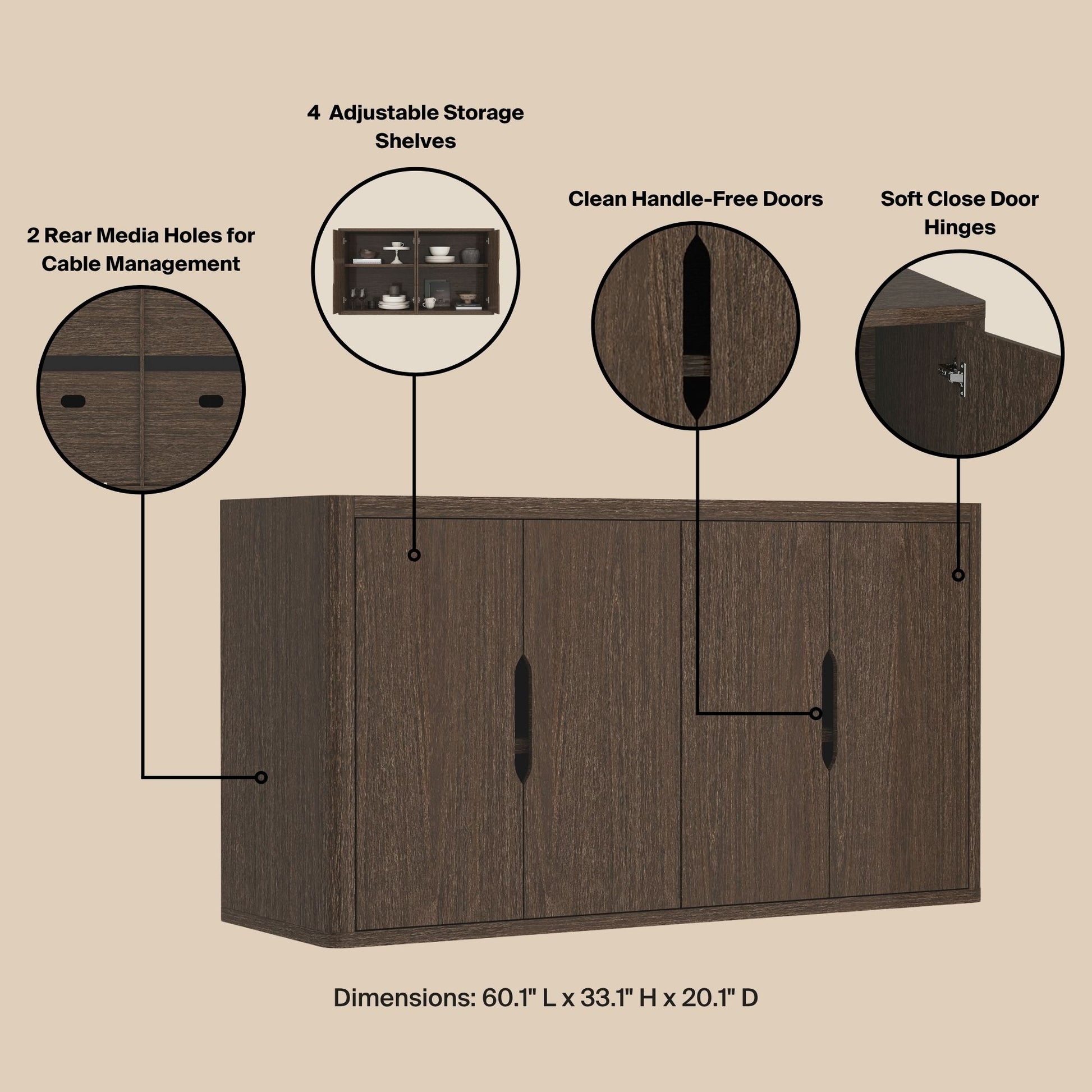 Walnut Sideboard Buffet - 60.1" Storage Server
