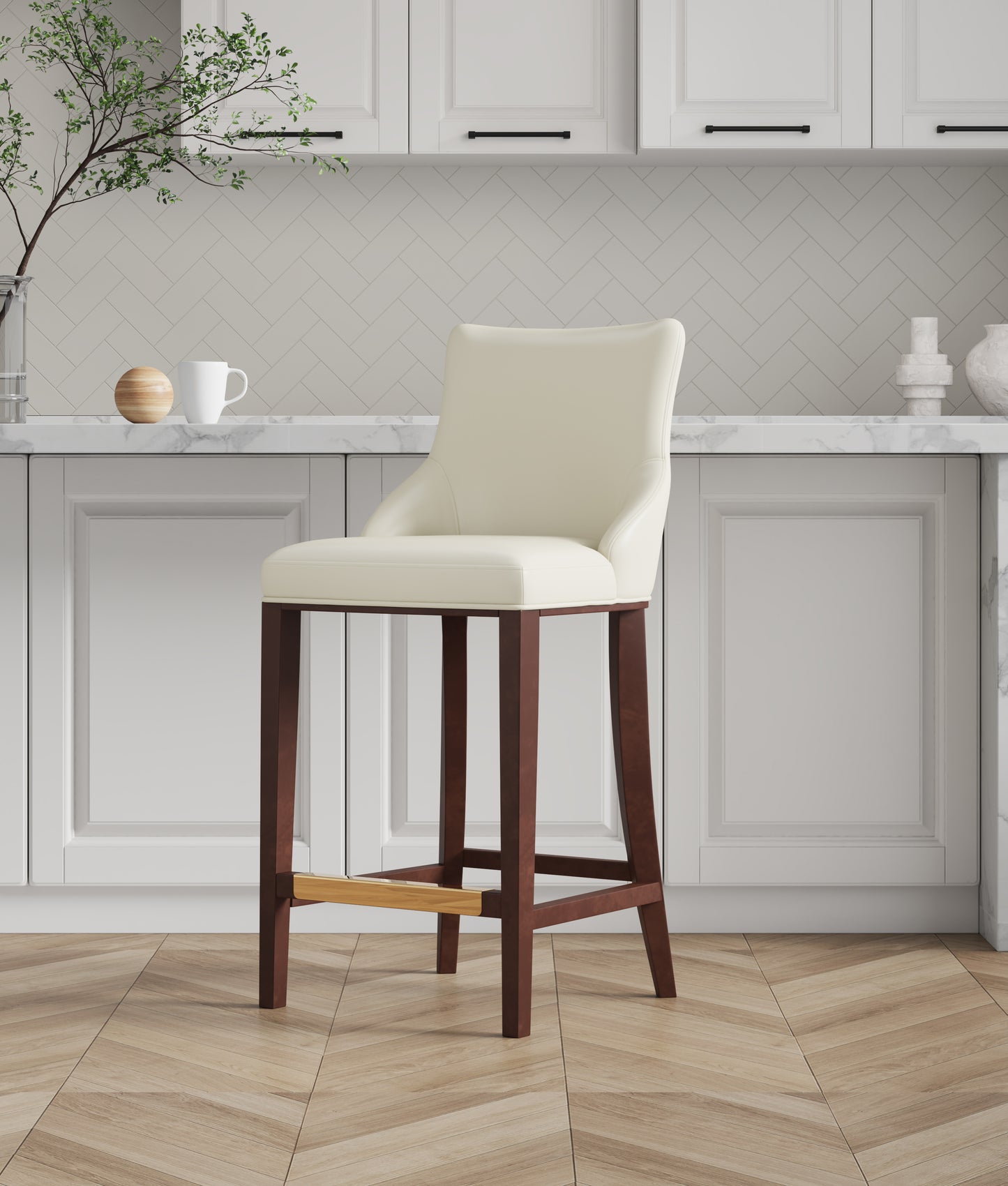 Ivory Wood Barstool - Kitchen Bar Height Seat for Living Room