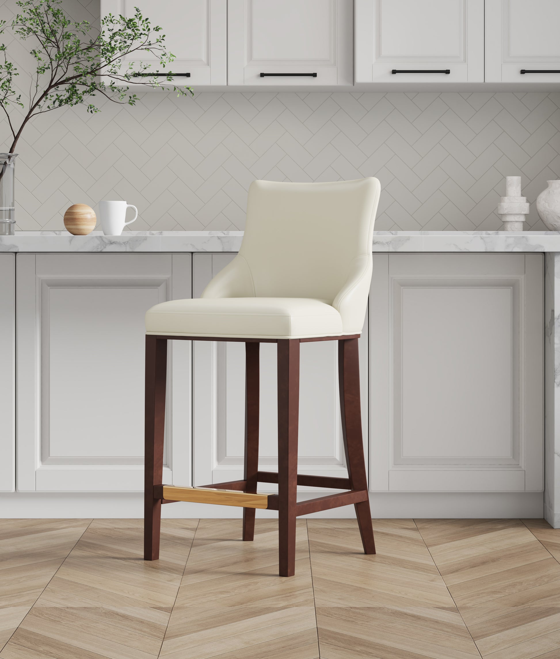 Ivory Wood Barstool - Kitchen Bar Height Seat for Living Room