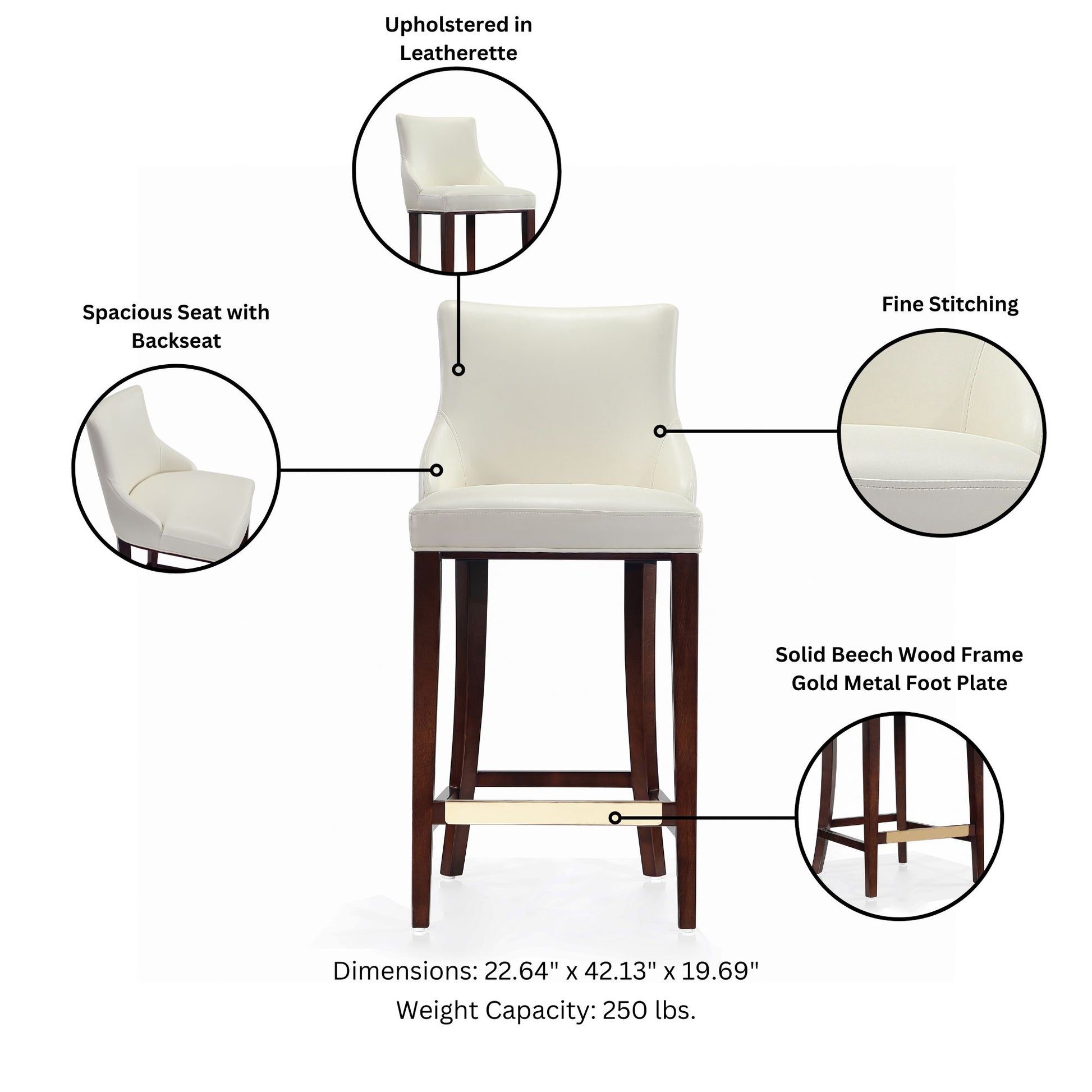 Ivory Wood Barstool - Kitchen Bar Height Seat for Living Room